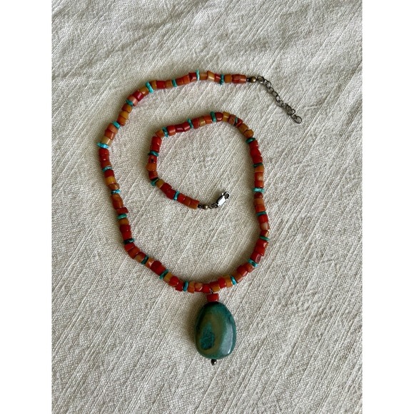 The Unbranded Brand Jewelry - Natural Coral & Turquoise Heishi Necklace with African Turquoise Pendant No Dye